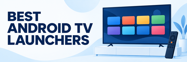 Best Android TV Launchers headline beside a television homescreen and remote