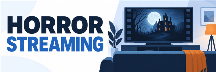 Horror streaming services illustrated by a moonlit haunted film on a living-room television