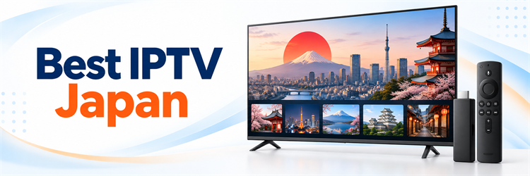 Best IPTV Japan banner with Japanese television, Tokyo skyline, Mount Fuji, and Fire TV hardware