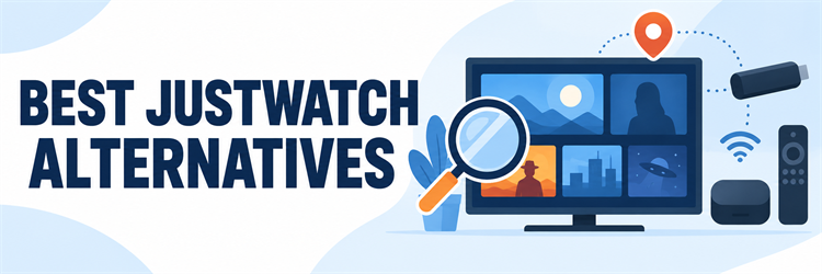 Best JustWatch Alternatives banner with an unbranded TV and streaming-search illustration
