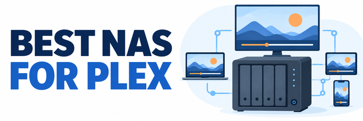Best NAS for Plex banner with a four-bay network storage device and playback screens
