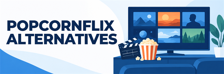 Best PopcornFlix alternatives illustrated with an unbranded television, film clapperboard, and popcorn