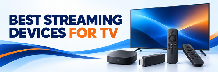 Best streaming devices for TV with streaming boxes, a stick, remotes, and a television
