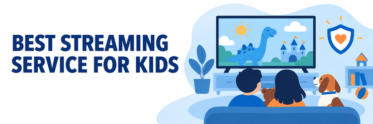 Best streaming service for kids comparison banner with illustrated family watching television