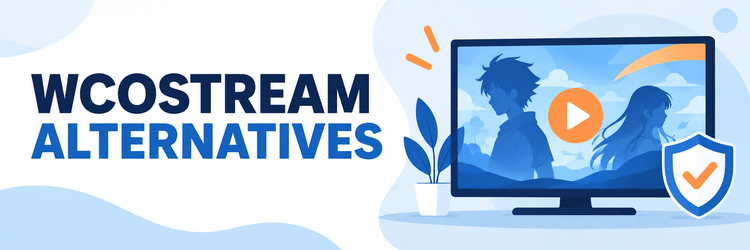 WCOStream alternatives shown with an abstract television, animation scene, and safety shield