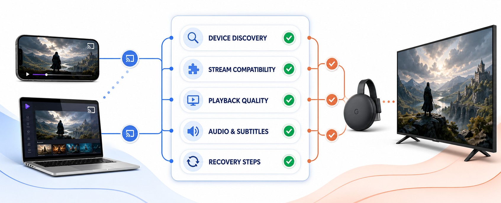 How Stremio Chromecast methods were evaluated for discovery, compatibility, playback quality, audio, subtitles, and recovery