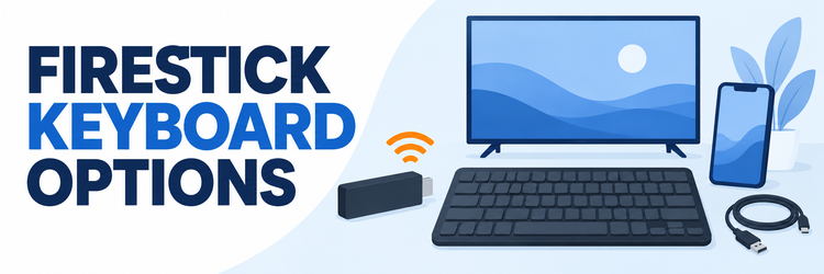 Firestick keyboard options with a physical keyboard, phone, streaming stick and cable