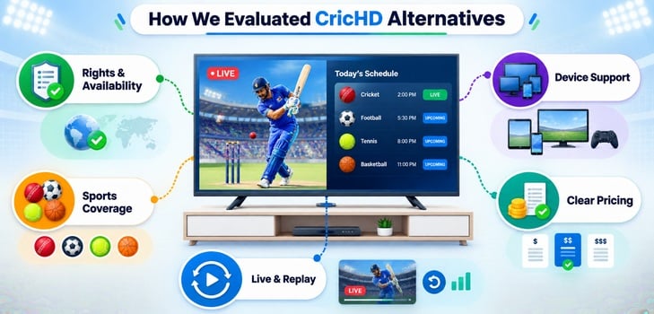 How CricHD alternatives were evaluated for rights, coverage, devices, pricing, and replay