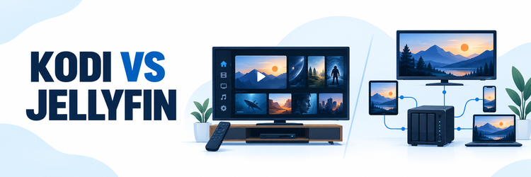 Kodi vs Jellyfin comparison: a local media player beside a home server streaming to several devices