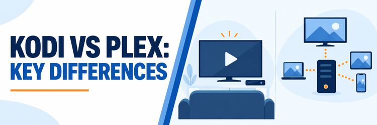 Kodi vs Plex key differences illustrated as a local TV player beside a home media server serving multiple devices