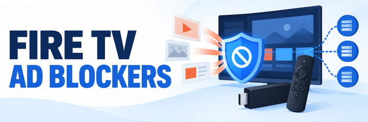 Fire TV ad blockers illustrated by a streaming stick, filter shield, and DNS network