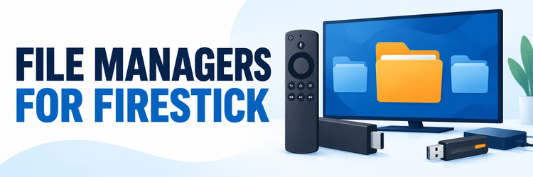 File managers for Firestick illustrated with a TV remote, folders, and USB storage