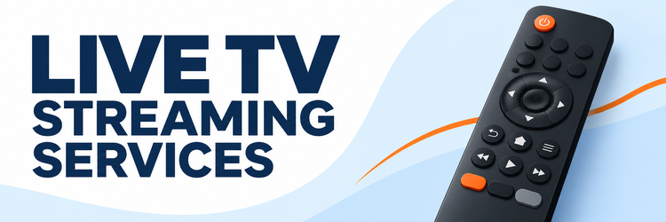 Live TV streaming services hero with a TV remote