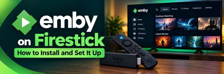 Emby app home screen on a TV with a Fire TV Stick and remote