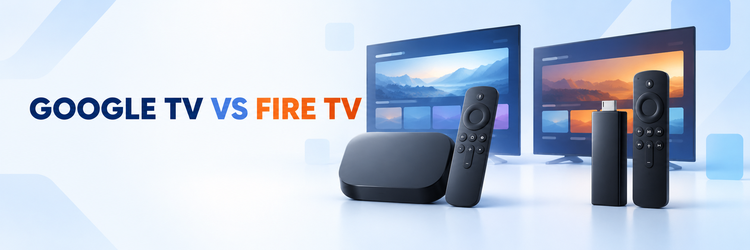 Google TV vs Fire TV comparison with a streaming box, streaming stick, remotes, and televisions