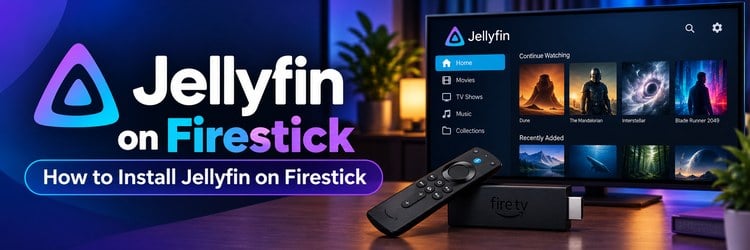 Jellyfin app home screen on a TV with a Fire TV Stick and remote