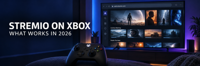 Stremio on Xbox through the Edge browser on a TV with an Xbox controller
